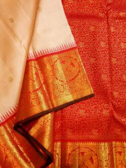 Baby Shower Beige and Red Kanchipuram Handloom 1 Gram Pure Zari Buttas Grand Pallu Pattu Silk Saree
