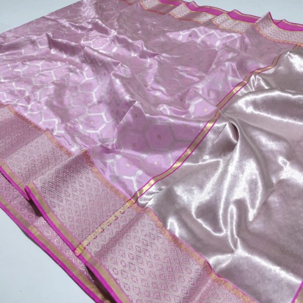 Blush Pink Chanderi Pure Handloom Silver Zari Jaal Nakshi Borders Pattu Silk Saree