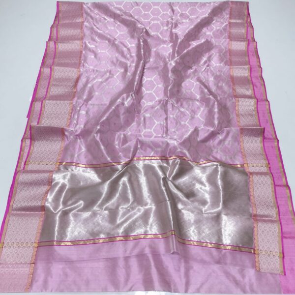 Blush Pink Chanderi Pure Handloom Silver Zari Jaal Nakshi Borders Pattu Silk Saree