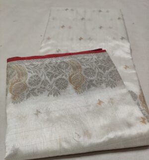 Pearl White and Red Chanderi Handloom Pure Pattu Silk Gold and Silver Zari Meenakari Handwork Borders Saree