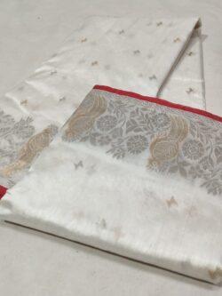 Pearl White and Red Chanderi Handloom Pure Pattu Silk Gold and Silver Zari Meenakari Handwork Borders Saree