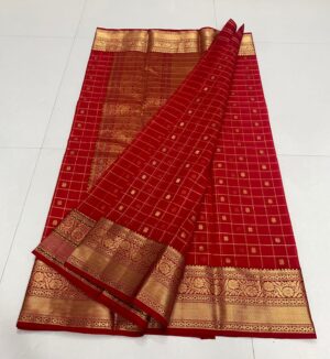 Cherry Red Chanderi Handloom Pure Katan Silk Self Zari Checks Buttas Nakshi Meenakari Borders Contemporary Saree