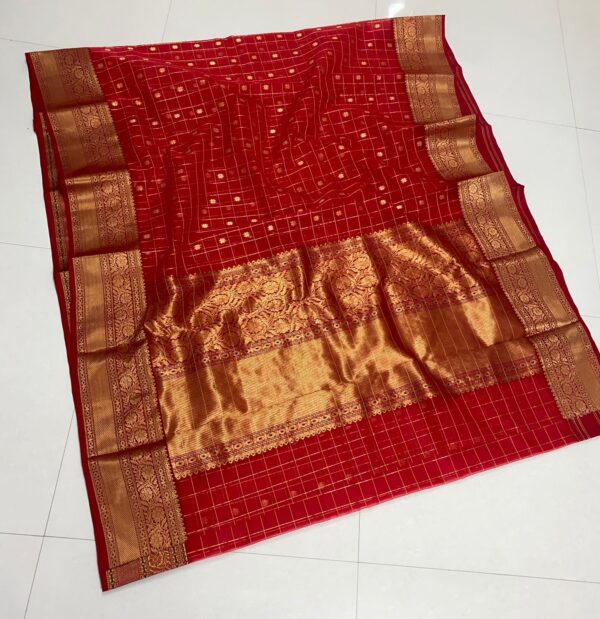 Cherry Red Chanderi Handloom Pure Katan Silk Self Zari Checks Buttas Nakshi Meenakari Borders Contemporary Saree