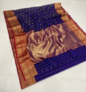 Berry Blue Chanderi Handloom Pure Katan Silk Self Zari Checks Buttas Nakshi Meenakari Borders Contemporary Saree