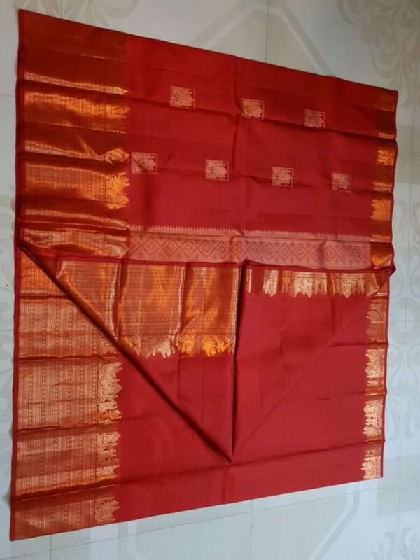 Red Kanchipuram/Kanjivaram Handloom Kalyana Pallakku Copper Zari Pattu Silk Bridal Saree