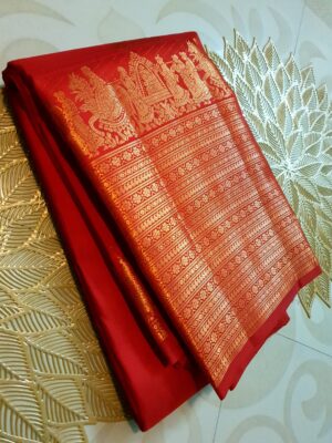 Red Kanchipuram/Kanjivaram Handloom Kalyana Pallakku Copper Zari Pattu Silk Bridal Saree