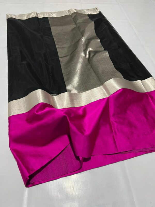 Black, Fuscia and Silver Zari Chanderi Handloom Contemporary Pure Cotton Silk Mashru Borders Saree