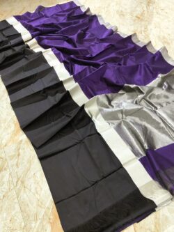 Black, Purple and Silver Zari Chanderi Handloom Contemporary Pure Cotton Silk Mashru Borders Saree