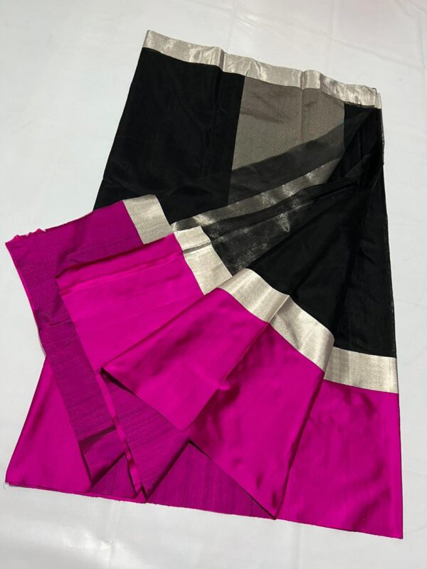 Black, Fuscia and Silver Zari Chanderi Handloom Contemporary Pure Cotton Silk Mashru Borders Saree