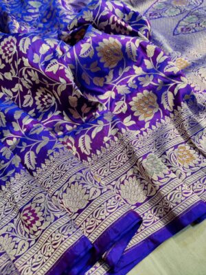 Dual Tone Purple Banarasi Handloom Pure Katan Silk Meenakari Jangla Gold Zari Saree