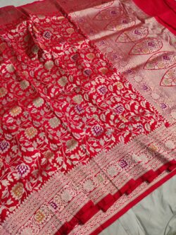 Dual Tone Red Banarasi Handloom Pure Katan Silk Meenakari Jangla Gold Zari Saree