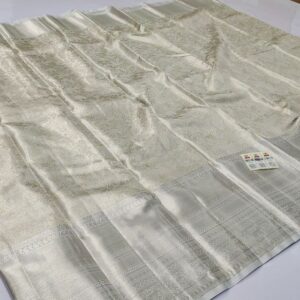 Pastel Ivory Kanchipuram/Kanjivaram Handloom Silver Zari Tissue Brocade Bridal Silk Saree