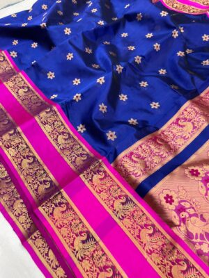 Royal Blue & Pink Chanderi Handloom Pure Pattu Silk Gold Zari Meenakari Buttas and Handwork Borders Saree