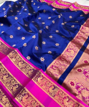 Royal Blue & Pink Chanderi Handloom Pure Pattu Silk Gold Zari Meenakari Buttas and Handwork Borders Saree