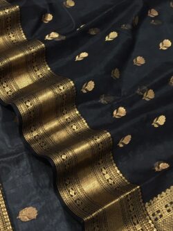 Black Chanderi Handloom Pure Katan Silk Gold Zari Buttas Nakshi Borders Saree