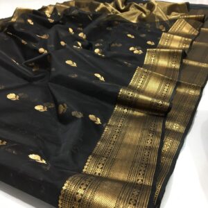 Black Chanderi Handloom Pure Katan Silk Gold Zari Buttas Nakshi Borders Saree