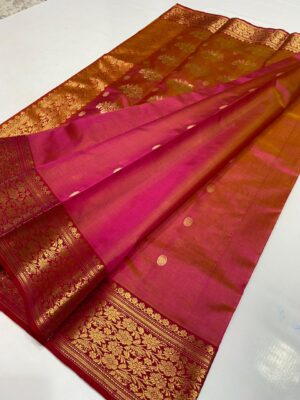 Dual Tone Red Chanderi Handloom Pure Pattu Silk Gold Zari Buttas and Nakshi Borders Saree