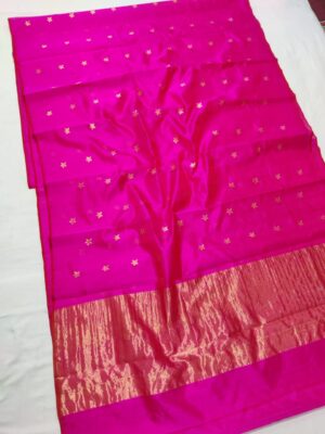 Deep Pink Chanderi Handloom Pure Pattu Silk Contemporary Saree with Gold Zari Buttas and Heavy Pallu