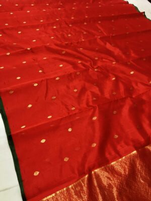Red Chanderi Handloom Pure Pattu Silk Contemporary Saree with Gold Zari Buttas and Heavy Pallu
