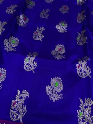 Azure Blue and Fuscia Venkatagiri Handloom Silver Zari Meenakari Bird and Flower Buttas Pattu Silk Saree