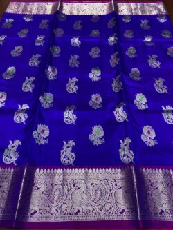 Azure Blue and Fuscia Venkatagiri Handloom Silver Zari Meenakari Bird and Flower Buttas Pattu Silk Saree