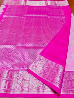 Dual Tone Blush Pink and Fuscia Venkatagiri Handloom Silver Zari Flower Buttas Pattu Silk Saree