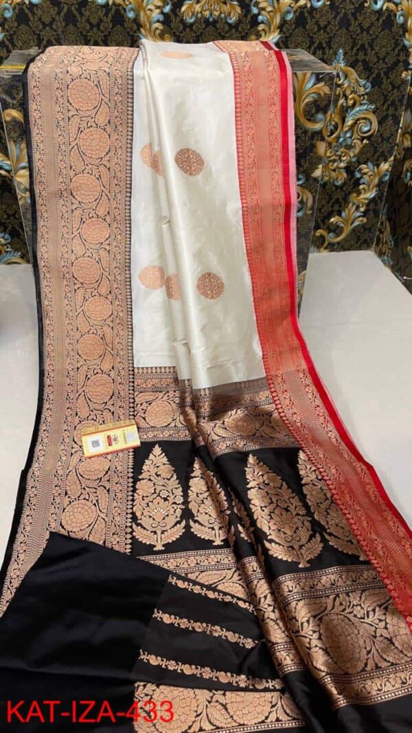 Banarasi Handloom Pure Katan Silk Antique Zari Kaduwa Weaving Ganga Jamuna Borders Sarees