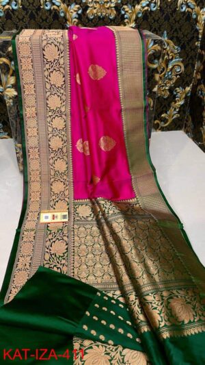 Banarasi Handloom Pure Katan Silk Antique Zari Kaduwa Weaving Contrast Borders Sarees