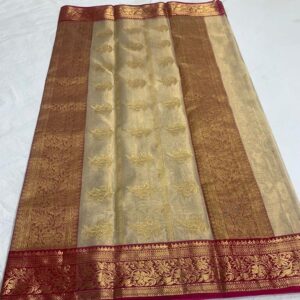 Beige and Red Chanderi Handloom Pure Katan Tissue Silk Nakshi Borders Meenakari Buttas Saree