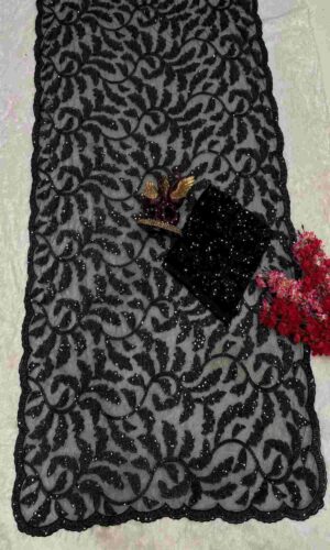 Black Designer Soft Net Embroidered Thread and Sequins Saree