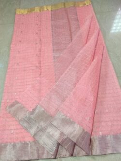 Baby Pink Chanderi Handloom Silver Zari Checks & Buttas Ganga Jamuna Katan Silk Saree