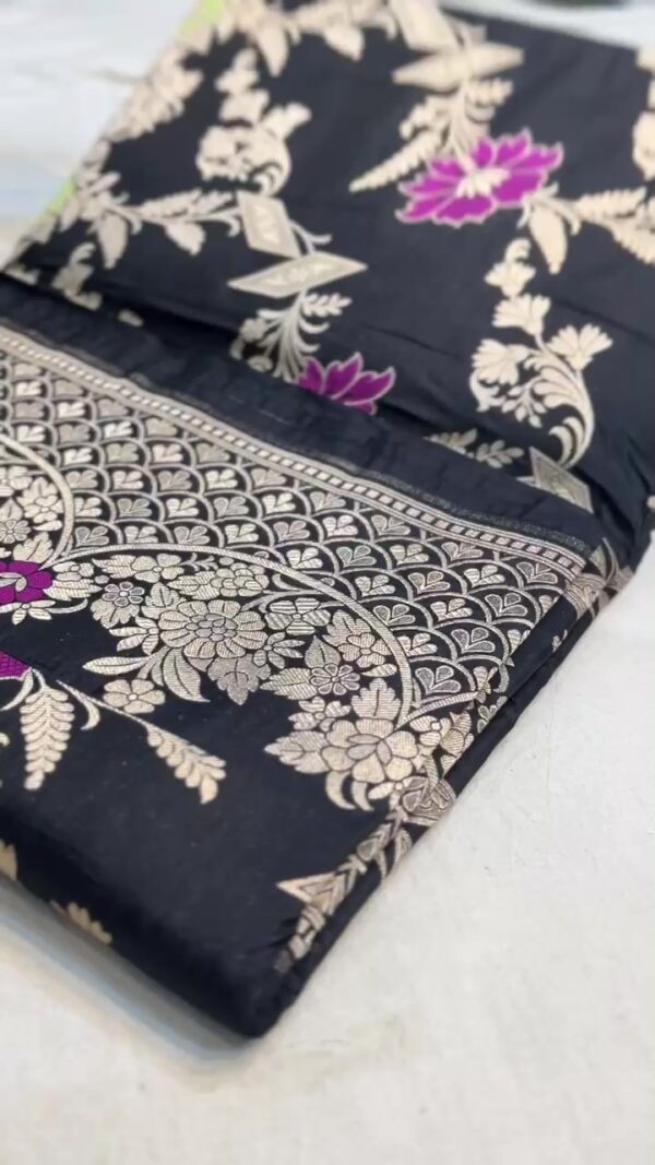 Black Banarasi Handloom Pure Katan Silk Meenakari Jangla Heavy Pallu Cutwork Saree