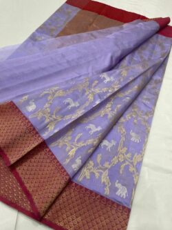 Lavender & Red Chanderi Handloom Pattu Silk Saree