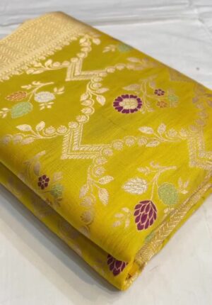 Golden Yellow Banarasi Handloom Pure Katan Silk Meenakari Jangla Heavy Pallu Cutwork Saree