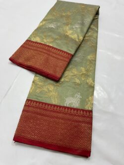 Mehendi Green & Red Chanderi Handloom Pattu Silk Saree