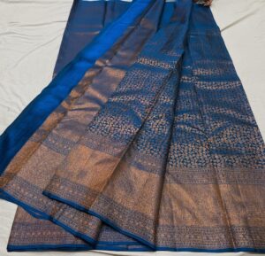 Peacock Blue Kanjivaram Handloom 1G Copper Zari Silk Saree