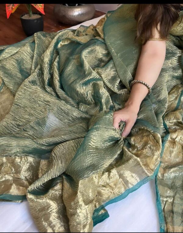 Banarasi Handloom Pure Crushed Tissue Silk Gold Zari Woven Borders Contemporary Sarees