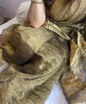 Banarasi Handloom Pure Crushed Tissue Silk Gold Zari Woven Borders Contemporary Sarees