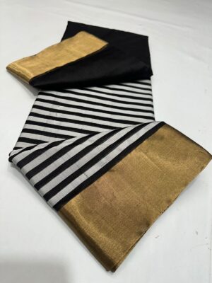 Black and White Chanderi Handloom Contemporary Pure Pattu Silk Horizontal Stripes Gold Zari Borders Saree