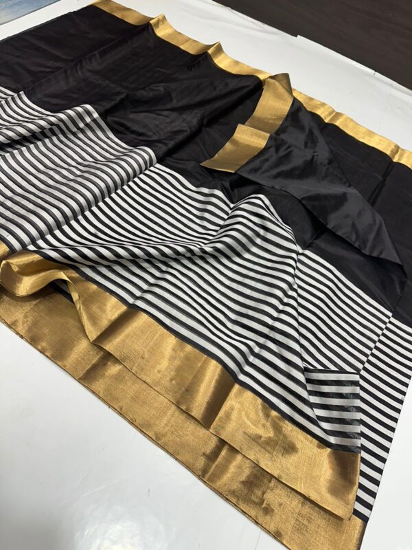 Black and White Chanderi Handloom Contemporary Pure Pattu Silk Horizontal Stripes Gold Zari Borders Saree