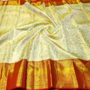 Pastel Lemon and Red Kanchipuram/Kanjivaram Handloom Kuttu Meenakari Brocade Bridal Silk Saree