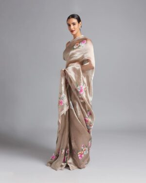 Beige Banarasi Handloom Pure Tissue Silk Silver Zari Hand Painted Contemporary Saree