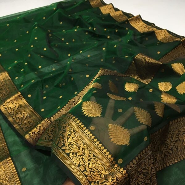 Bottle Green Chanderi Handloom Pure Katan Silk Gold Zari Buttas Nakshi Borders Saree