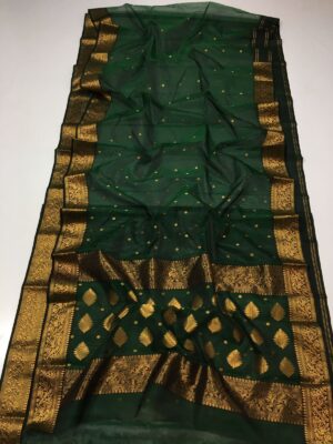 Bottle Green Chanderi Handloom Pure Katan Silk Gold Zari Buttas Nakshi Borders Saree