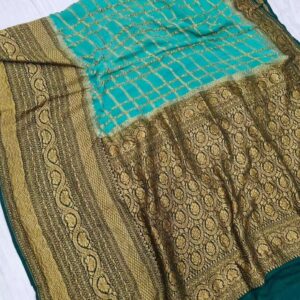Banarasi Handloom Pure Georgette Silk 3D Dyeing Antique Zari Checks Sarees