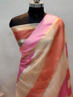 Banarasi Handloom Kora Organza Silk Diagonal Stripes Hand Brush Gold and Silver Zari Sarees