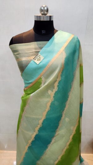 Banarasi Handloom Kora Organza Silk Diagonal Stripes Hand Brush Gold and Silver Zari Sarees