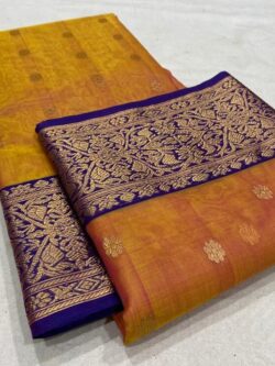 Dual Tone Orange Chanderi Handloom Pure Katan Silk Gold Zari Buttas Nakshi Borders Saree