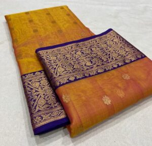 Dual Tone Orange Chanderi Handloom Pure Katan Silk Gold Zari Buttas Nakshi Borders Saree