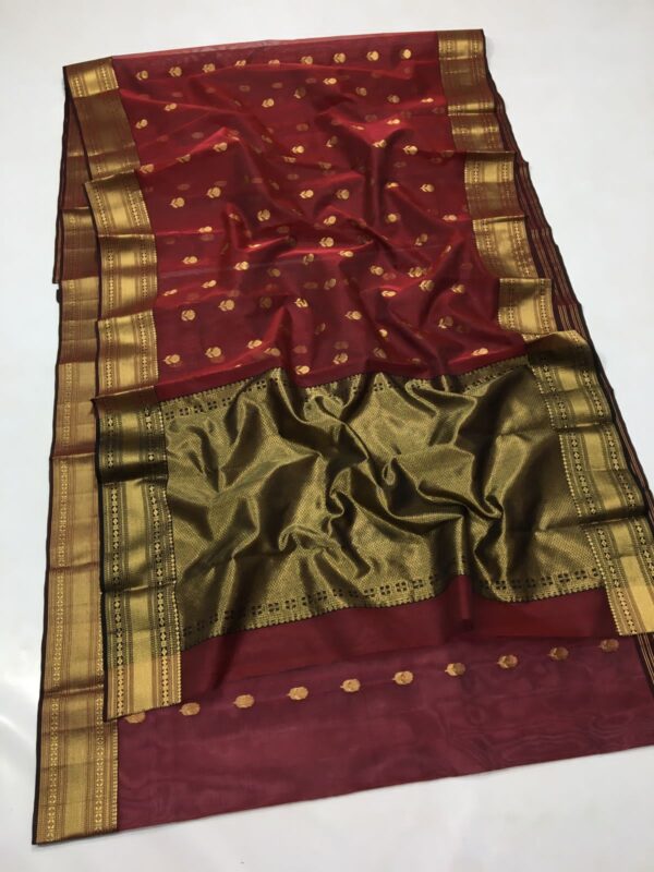 Maroon Chanderi Handloom Pure Katan Silk Gold Zari Buttas Nakshi Borders Saree
